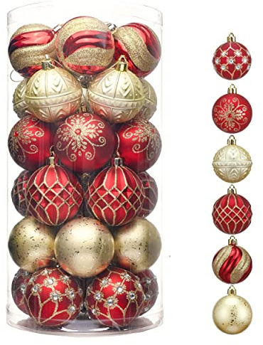 Valery Madelyn Christmas Ornaments Set, 30ct 2.36 Inches Red and Gold Shatterproof Christmas Tree Decorations Ball Ornaments Bulk, Luxury Hanging Ornaments for Xmas Holiday Party Decor