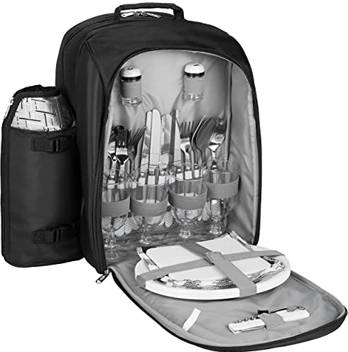 BRUBAKER Sac à Dos Pique-Nique Sac à Dos réfrigérant pour 4 Personnes Jacquard Noir argenté 27 × 21 × 38,5 cm - avec Porte-Bouteille isolé