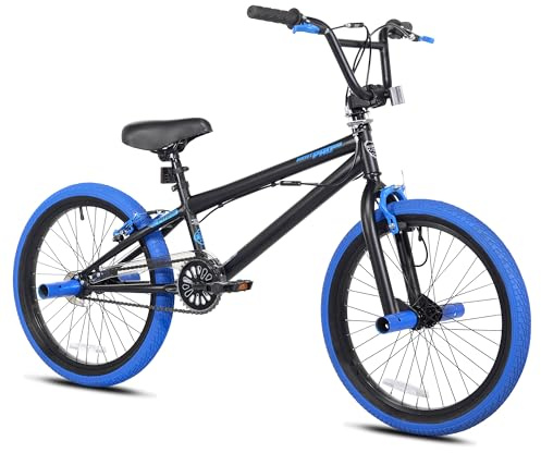 Kent International 20 Inch Kent PRO 20-20 Inch BMX Bike with Front & Rear Hand Brakes and Padded BMX Saddle - Sturdy Bicycle for Kids with Adjustable Handlebar - Black/Blue