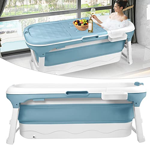Aufun Baignoire Pliable XL 148 x 62 x 53 cm, Idéale pour Salle de Bain, Douche et Balcon, Avec Housse et Rouleaux de Massage, Panier à Savon, Baignoire Portable en Plastique Épais - Bleu