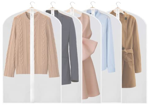 Garment Bags - Clothes Covers 5 Pcs Dustproof Suit Bag Covers, Waterproof Moth Proof Coat Bag with Zip, Translucent Dress Cover Anti-Mite Breathable Protector for Wardrobe Storage and Travel 60x100cm