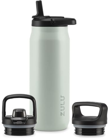 ZULU Core 32oz Stainless Steel Water Bottle with 3 Lids- Straw, Chug, Twist | Double Walled and Vacuum Insulated Metal Thermos | For Gym, Outdoor | Built in Carry Loop, Dishwasher Safe, Sage
