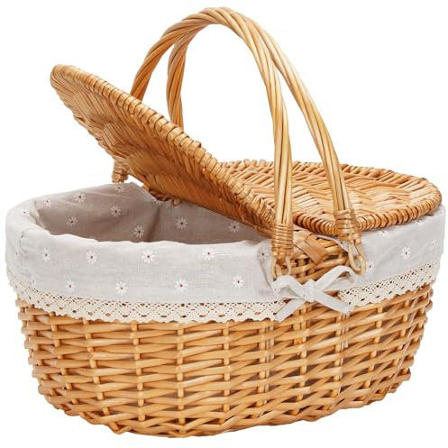 BIRDSINYARD Weide Picknickkorb mit Deckel, Weidenkorb mit Henkel und & Liner, Handgefertigtes Einkaufskorb Geflochten Wicker Picknick Korb für 2 Personen für Einkaufspicknick (WeißBlume)