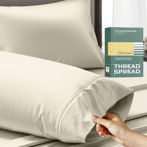 THREAD SPREAD 100% Organic Cotton Pillow Cases Standard Size - Natural Cotton Pillow Cases Queen Size Set of 2 (Ivory), Soft, Cooling, Crisp & Breathable Percale Weave Pillowcase, GOTS Certified