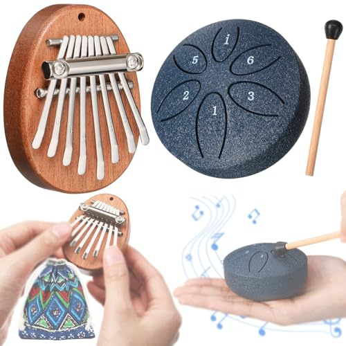 Maasechs Mini-Kalimba- und Zungentrommel-Set, 8 Tasten, 6 Noten, Marineblau, 2 Stück