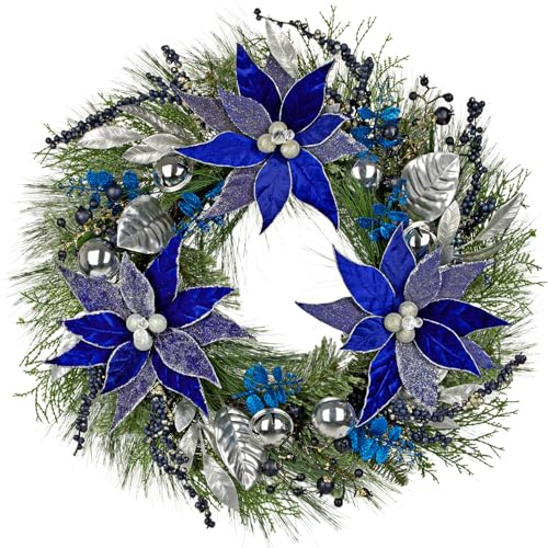 Arbrous - Corona de Navidad para puerta delantera, corona de Navidad de 24 pulgadas, corona de Navidad azul con flores de pascua, bayas, hojas de magnolia, coronas artificiales de invierno para