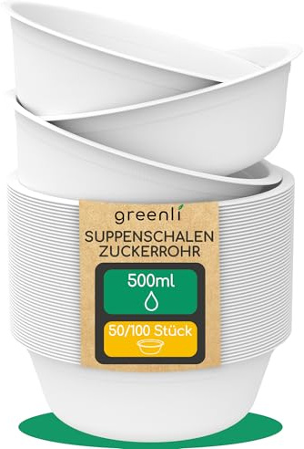 greenli® Einweg Suppenschalen 500ml - Nachhaltige Einwegschalen aus Zuckerrohr – 100 Suppenteller Einweg (weiß)