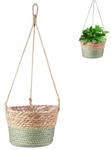 Ajxwde Hängender Pflanzkorb aus Seegras, 20cm Seegras Pflanzentopf, Blumentöpfe Hängende, Blumenampel Hängend Innen, für den Innenbereich, Hängende Pflanzgefäße für Wände und Decken(Green)
