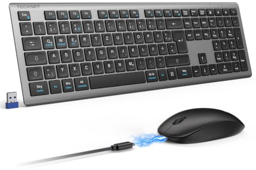 TECKNET Tastatur Maus Set Kabellos, 2.4G Wiederaufladbare Maus und Tastatur | Fullsize Deutsch QWERTZ Layout Ultraflach Funktastatur und Leise Mouse für Windows/PC & Laptop, Grau