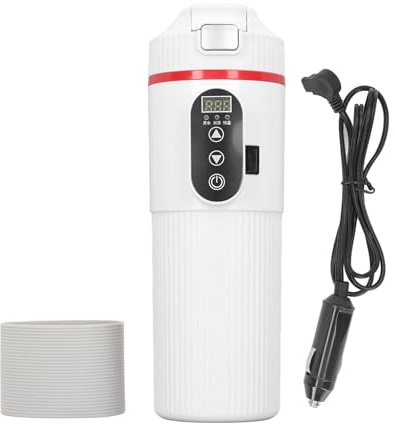 Qcwwy Bollitore Elettrico per Auto da 500 Ml, Tazza Riscaldata per Auto in Acciaio Inossidabile 12V 24V con Accendisigari Bollitore Elettrico da Viaggio Portatile Tazza Riscaldante per (WHITE)