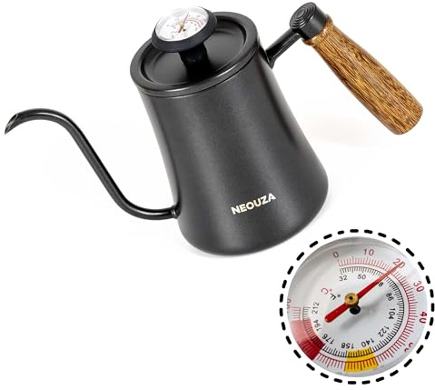 NEOUZA Hervidor de cuello de cisne de 500 ml con termómetro de esfera mecánica, hervidor de acero inoxidable 304 apto para cocinas, para café de vertido y té, boquilla de precisión y mango de madera