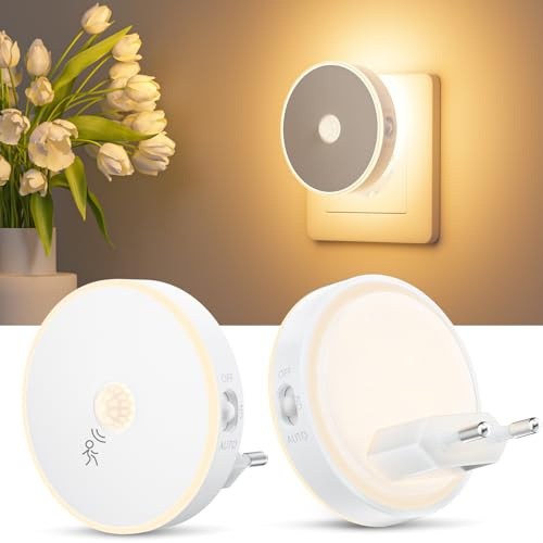 Luce Notturna Bambini con Retroilluminazione 2 Pezzi, Luci con Sensore di Movimento, AUTO/ON/OFF Luce Notturna da Presa, Luminosità Regolabili, per Cameretta, Corridoio, Bagno e Cucina - Bianco Caldo