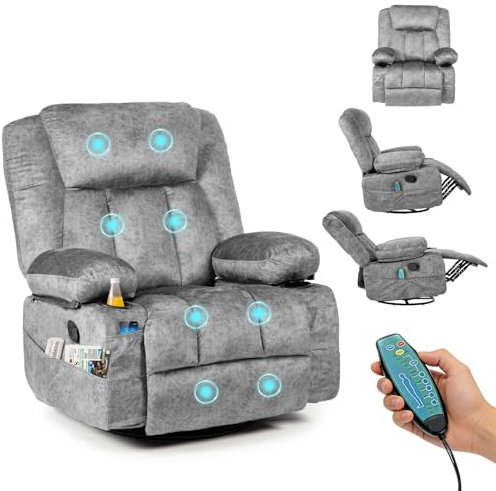 HAUSPROFI Fernsehsessel mit Wärme und Massage, Relaxsessel mit Liegefunktion, TV Sessel Wohnzimmer 360° Drehbarer mit 6 Seitentaschen Getränkehalter, Elektrisch Verstellbar Massagesessel, Grau