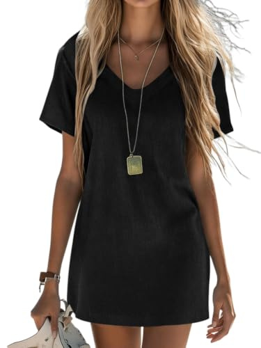 Onsoyours Femme Robe en Coton Lin Été Col V Chic Et Elegant Tunique Mini Robes De Plage Manche Courte Bohême T-Shirt Dress Vacances Soiree