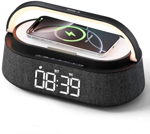 FREEFISH Bluetooth Speaker with Wireless Charger | FM Radio, Adjustable LED Night Light, 15W Wireless Charging for iPhone, 10W Dual Speakers, 2500 mAh Battery, Bluetooth 5.0
