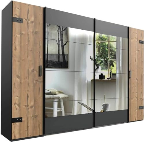 Hochwertiger Kleiderschrank aus Silber-Tanne | 2 große Spiegel | 270 cm breit | Schwebetürenschrank im Industriedesign