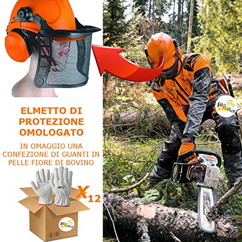 Casco Protettivo Kit con Visiera e Cuffie Elmetto Boscaiolo Forestale OMOLOGATO con Guanti Antitaglio (12x Guanti Bovino)