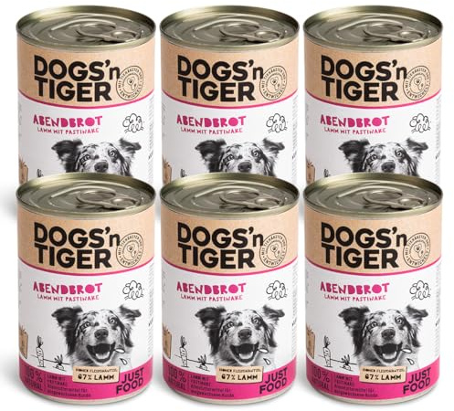 Dogs'n Tiger Adult Premium våtfoder för hundar, kvällsbröd, djurvänligt recept med 67% köttinnehåll linfröolja örter – utan socker, konstgjorda aromer, lamm och pastinake, 6 x 400 g