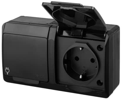 asvendo elektro HERMES moderne Aufputz-Serie/Lichtschalter/Doppelschalter/Steckdose mehrfach / IP44 Wassergeschützt/Außenbereich/Schwarz (2-fach Steckdose)
