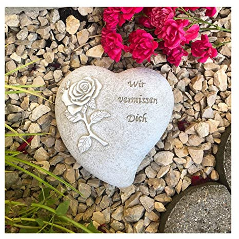 Grabherz Gedenkstein - Wir vermissen Dich - Grabschmuck Grabdeko Trauerherz 13cm Handarbeit weiß 600g