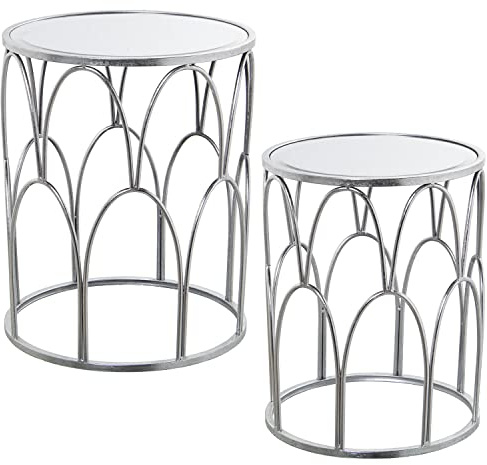 DRW Set mit 2 runden Beistelltischen aus Metall und Spiegel, silberfarben, 42 x 52 cm und 37 x 45 cm