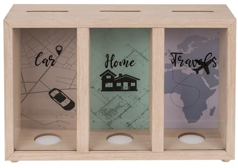 ootb Spardose mit 3 Fächern Holz Urlaubskasse Sparbüchse Geschenkidee Reisekasse Car Home Travels, Einheitsgröße, Mehrfarbig