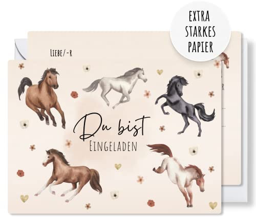 Generisch 12x EINLADUNGSKARTEN + passende Umschläge für Mädchen Kindergeburtstag - süße Karten mit Pferde Motiv