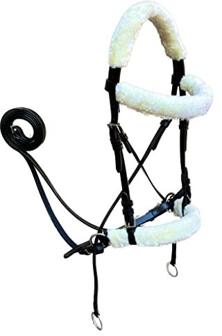 Crossunder gebisslose Pferde-Zaumzeug aus echtem englischen Leder, hochdichte, superweiche Kunststoff-Fleece, Kopfstütze mit Zügeln, Pony, geölt schwarz