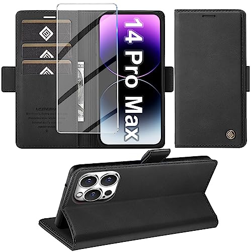 Giyer Handyhülle für iPhone 14 Pro Max Hülle mit Displayschutzfolie, Leder Wallet Kartenfach Ständer Tasche Schutzhülle für iPhone 14 Pro Max Flip Case Kameraschutz Vollschutz Klapphülle (Schwarz)
