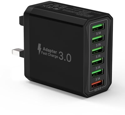 33W USB Plug Fast Charge, 6-Port Multi Charger Plug UK Charging Plug Power Adapter Multiple Quick Charge 3.0 Wall Plug for iPhone 16 15 14 13 12 11 Pro Max XR XS 8 Plus, iPad, Samsung, Handy