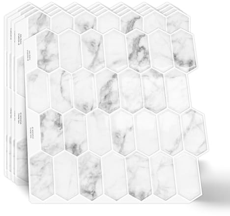 10 Stück Lange Sechseck Fliesenaufkleber Klebefliesen küchen Wandfliesen,3D Wasserdicht Fliesen Selbstklebend Wandverkleidung für Küche Bad,Abziehen und Aufkleben Spritzschutz(Weiß Marmor,30,5x30,5cm