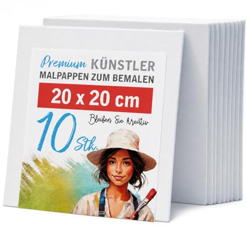 Leinwand Set zum Bemalen 20x20 cm 10 Stück – Malpappen aus 100% Baumwolle, 2-fach grundiert und 3mm stark – stabile Qualität, sofort bemalbar für Kinder, Anfänger & Hobby
