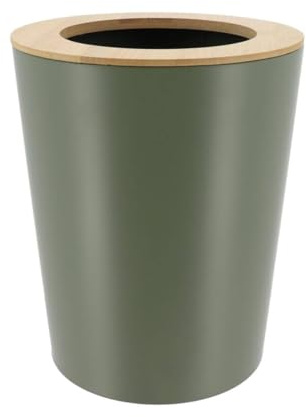TENDANCE - Poubelle Métal Evasée avec Couvercle Bambou 5l - Kaki/Bambou - Salle de Bain - Poubelles et Brosses WC