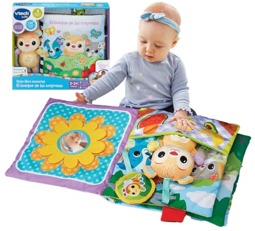 VTech-Baby Gran Libro sensorial El Bosque de Las sorpresas, Libro Grande de Tela, Interactivo, Elementos Móviles, Canciones y Melodías, Osito Separado, Regalo bebés +3 Meses, Versión ESP