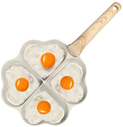 4-Cup Nonstick Egg Frying Omelette Pan Heart Breakfast Egg Skillet Pancake Pan with Wooden Handle Aluminum Egg Burger Fried Egg Pan for Hobs & Induction(Beige)