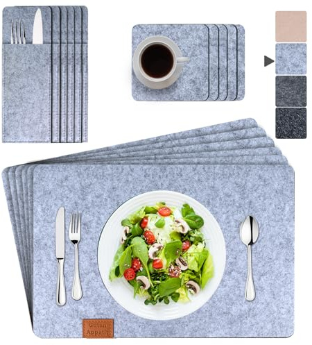 ARTAND Platzsets Abwaschbar Filz Tischsets Ausschließlich Vegane Platzdeckchen mit Untersetzer Bestecktasche - 6er Set, 05 Filz Hellgrau