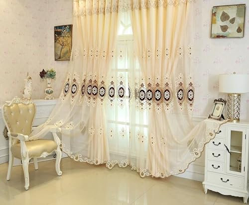 Bishilin Verdunklungsvorhänge Gelb 2er Set 107x115CM, Gardinen Blickdicht Haken Nordisch Doppellagig Stickerei mit Blumen Motiv Vorhänge Verdunkelnd Wohnzimmer Jugendzimmer Kinderzimmer