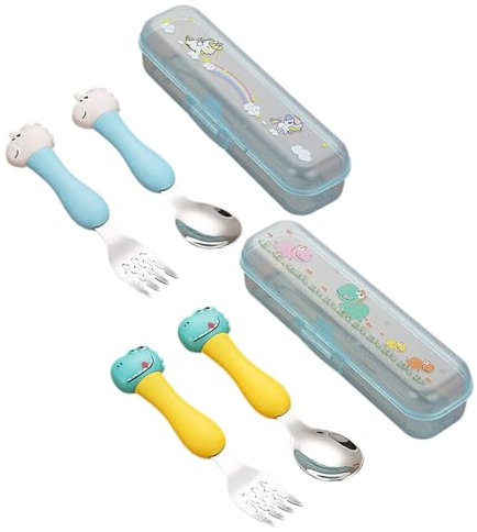 Vastsea 4 Juegos de Cubiertos para Bebé, Cubiertos Infantiles de Acero Inoxidable, Cuchara y Tenedor para Niños Pequeños, Vajilla de Dibujos Animados Lindo con Caja, para Bebé, Niños, Casa y Viaj