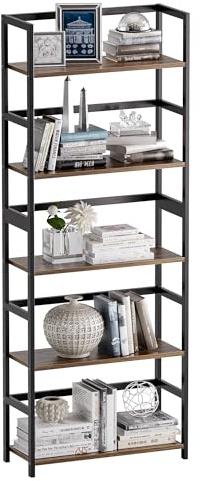 vovala Libreria a 5 livelli, libreria industriale con struttura in bambù, espositore moderno per scaffali in piedi, organizzatore di stoccaggio in legno alto per soggiorno, ufficio, Marrone Rustico