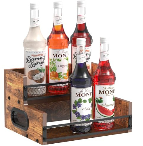 Visningshylla, litet spritskåp, 6 flaskor mini bar hylla stativ för sprit, whisky, 2 nivåer bänkskiva, vinställ, hem retro kaffe sirap hylla organiseringsstation med staket och handtag