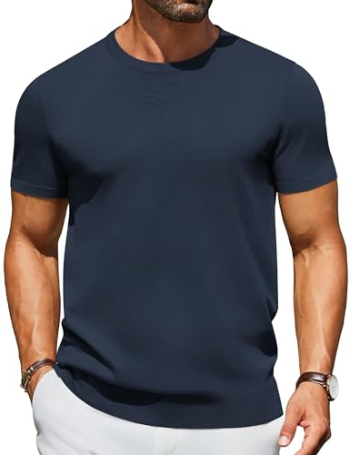 COOFANDY Maglione girocollo da uomo a maniche corte casual basic top classico moda maglia pullover tees, Blu navy, L