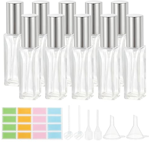 PATIKIL 10Pz Viaggio Bottiglia Profumo 10ml Trasparente/Tonalità Argento | Nebbia Fine Ricaricabile Piccola Dispenser Profumo Spruzzatore, con Etichette Imbuto Pipetta, per Profumo Liquido