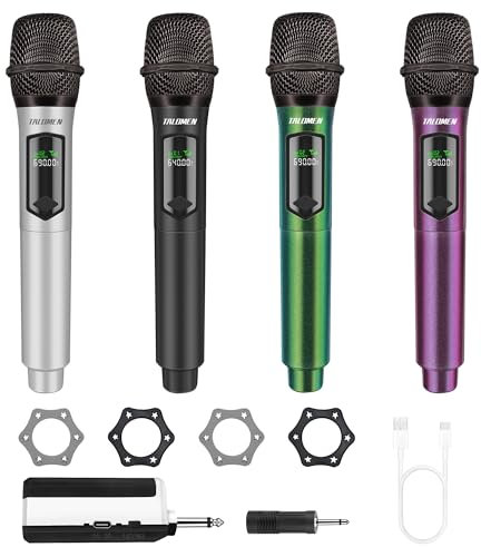 talomen Microphone sans Fil Professionnel, système de Microphones Quadruple 2,4 GHz, Micro karaoké Dynamique Rechargeable avec récepteur, portée 160ft, pour Chant, fête, K604 Argent Noir Vert Pourpre