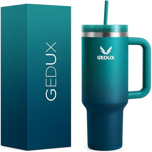 Gedux 1200ml Tumbler with Handle, 2-in-1 Leak Proof Lid (Straw/Flip), Insulated Water Bottle, Stainless Steel Tumbler with Non-Slip Silicone, Wide Mouth Travel Mug Cupholder Friendly Dishwasher Safe