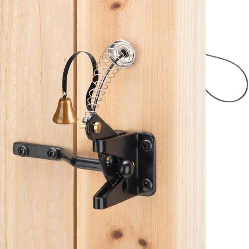 Self Locking Gate Latch for Wooden Fence Heavy Duty,Gravity Lever Fence Door Latches with Shop Doorbell Steel Spring Cable Pull String Gate for Outdoor Secure Pool,Garden,Black Finish