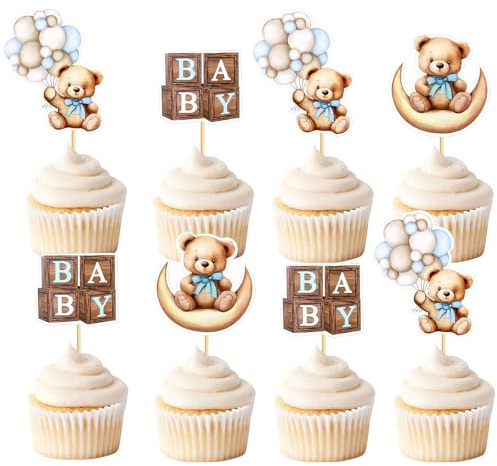 24 Stück Cupcake Topper, Kuchendekoration Bär Baby Dusche, Blaue Bären Cake Topper Aus Kunststoff, Niedliche Geburtstag Deko Für Kuchen, Muffins Und Baby Shower