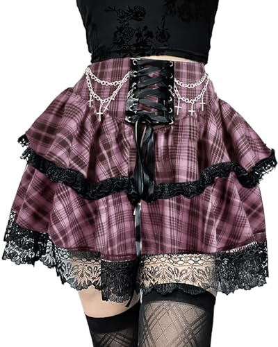 XKBHYD Gothic Rock Damen RARA Skirt Y2k Lace Up Ruffle Spitzenbesatz Minirock mit Ketten Femboy Punk Sommerrock