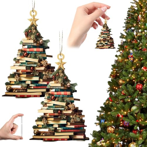 2pcs Weihnachtsbaumform -Buchhandel Anhänger, Acryl 2D Weihnachtsschmuck, Bücher gestapelt kleine Bäume Ornamente für Innen- und Outdoor -Baumdekoration..