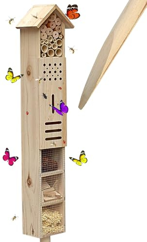 Insektenhotel mit Erdspieß, als Nisthilfe für Nützlinge, Garten, groß, stehend, Bienenhotel Wildbienen, Holz, 160 cm hoch, Natur
