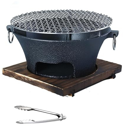 Barbecue portatile a carbonella, rotondo, in ghisa, fornello da campeggio all'aperto, braciere da escursionismo, compatto 26 x 13 cm, ideale per campeggio e picnic